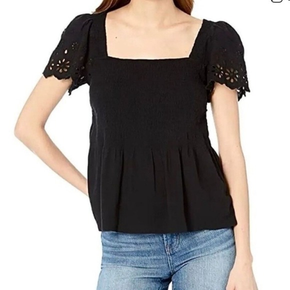 NWT Madewell Eyelet Lucie Square Neck Smocked Short Eyelet Sleeve Top Black S - Picture 2 of 13
